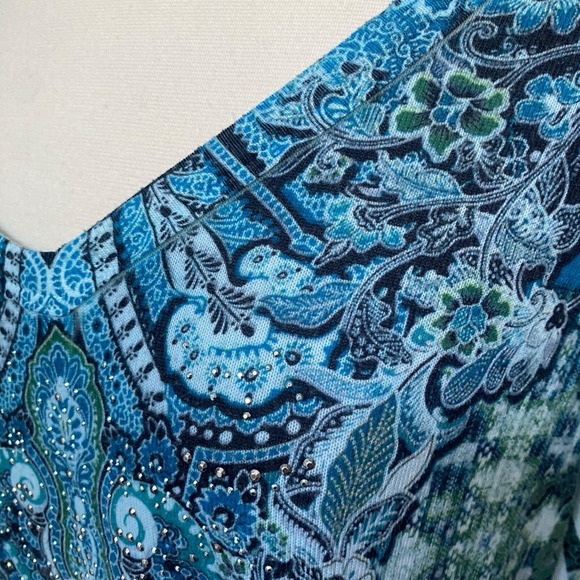 World Unity XXL 2XL Top Shirt Tunic Blue‎ V-Neck 3/4 Sleeve Beaded Stretch - Picture 3 of 7